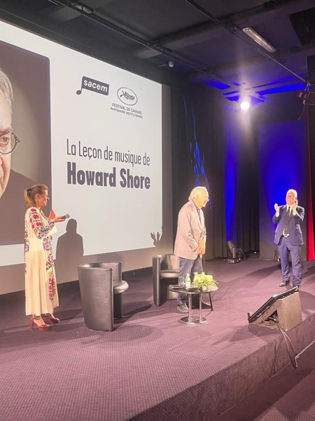 Cécile Rap-Veber (Sacem), le compositeur Howard Shore et Thierry Frémaux (Festival de Cannes)