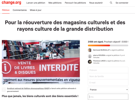 Pétition pour la réouverture des commerces culturels