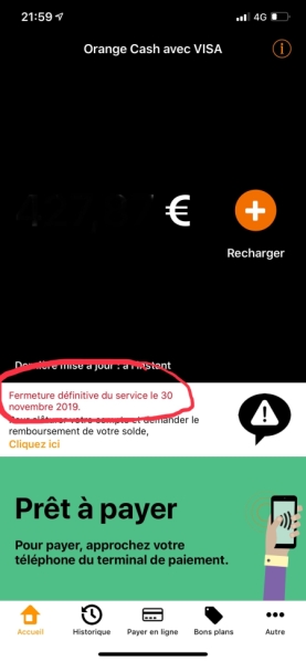 Ecran de l'appli Orange Cash annonçant la fin du service pour le 30 no